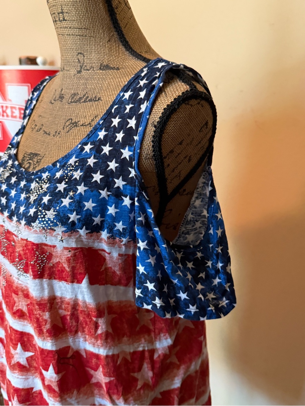 Cold-Shoulder American Flag Star Print Women's Top - Red, White & Blue - Picture 3 of 5